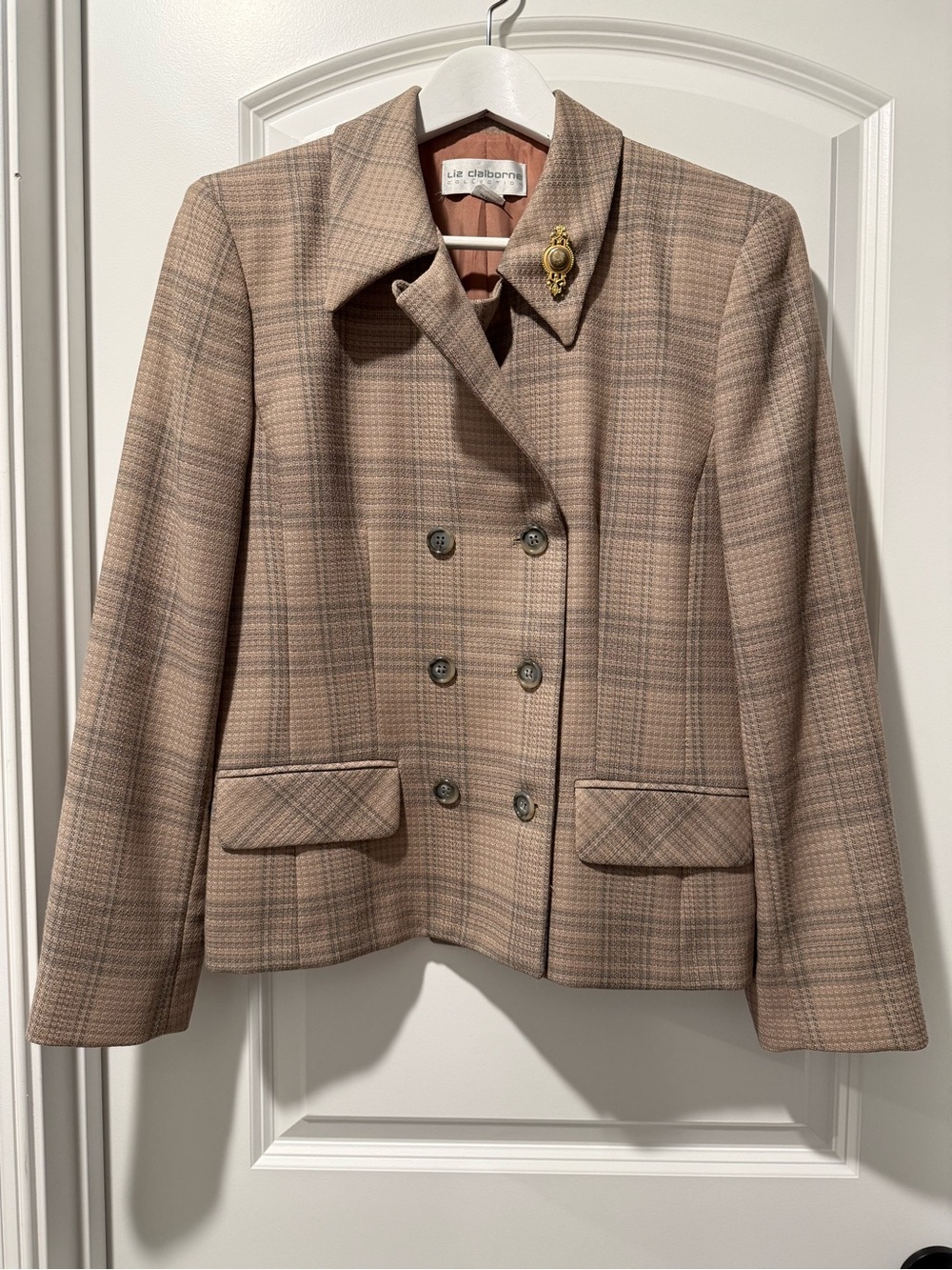 Liz Claiborne 10 Taupe Plaid Double-Breasted Blazer